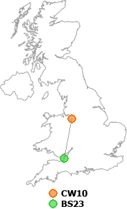 map showing distance between CW10 and BS23
