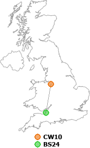 map showing distance between CW10 and BS24