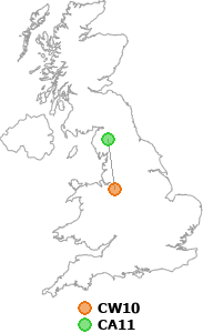 map showing distance between CW10 and CA11