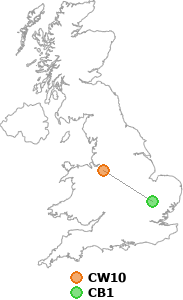 map showing distance between CW10 and CB1