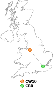 map showing distance between CW10 and CR0