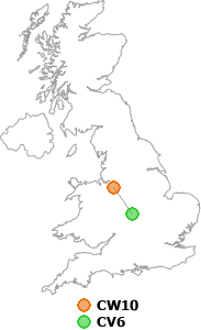 map showing distance between CW10 and CV6