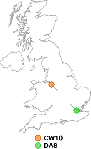 map showing distance between CW10 and DA8