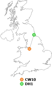 map showing distance between CW10 and DH1