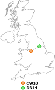 map showing distance between CW10 and DN14