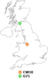 map showing distance between CW10 and G71