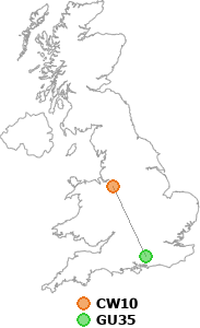 map showing distance between CW10 and GU35
