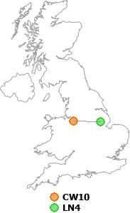 map showing distance between CW10 and LN4