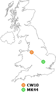 map showing distance between CW10 and MK44