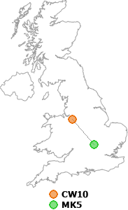 map showing distance between CW10 and MK5