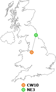 map showing distance between CW10 and NE3