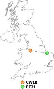 map showing distance between CW10 and PE31