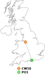map showing distance between CW10 and PO1