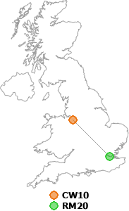 map showing distance between CW10 and RM20