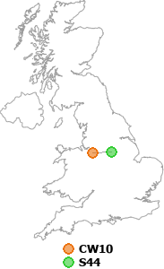 map showing distance between CW10 and S44
