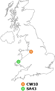 map showing distance between CW10 and SA43
