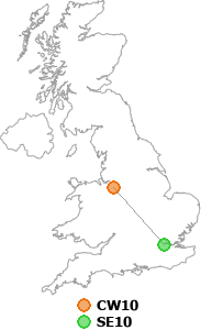 map showing distance between CW10 and SE10