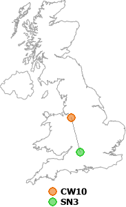 map showing distance between CW10 and SN3