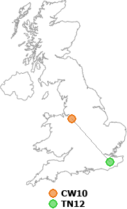 map showing distance between CW10 and TN12