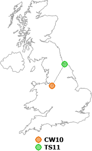 map showing distance between CW10 and TS11