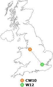 map showing distance between CW10 and W12