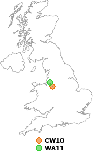 map showing distance between CW10 and WA11