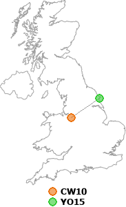 map showing distance between CW10 and YO15