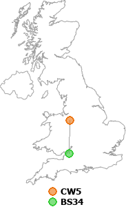 map showing distance between CW5 and BS34