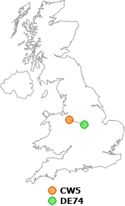 map showing distance between CW5 and DE74