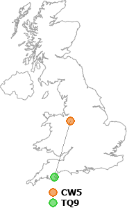map showing distance between CW5 and TQ9