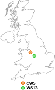 map showing distance between CW5 and WS13