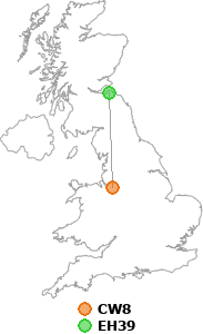 map showing distance between CW8 and EH39