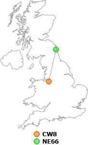 map showing distance between CW8 and NE66
