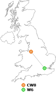 map showing distance between CW8 and W6