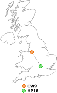 map showing distance between CW9 and HP18