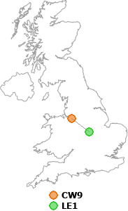 map showing distance between CW9 and LE1
