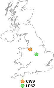 map showing distance between CW9 and LE67