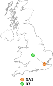 map showing distance between DA1 and B7