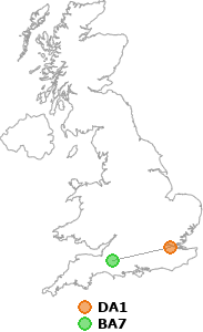 map showing distance between DA1 and BA7