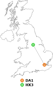 map showing distance between DA1 and HX3