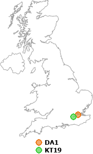 map showing distance between DA1 and KT19