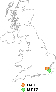 map showing distance between DA1 and ME17
