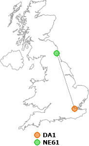 map showing distance between DA1 and NE61