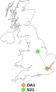 map showing distance between DA1 and S21