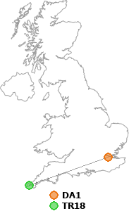 map showing distance between DA1 and TR18