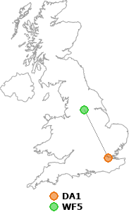 map showing distance between DA1 and WF5