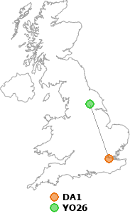 map showing distance between DA1 and YO26
