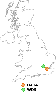 map showing distance between DA14 and WD5