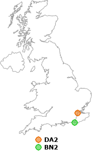 map showing distance between DA2 and BN2