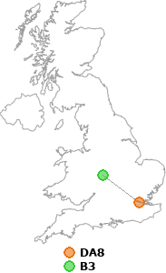 map showing distance between DA8 and B3
